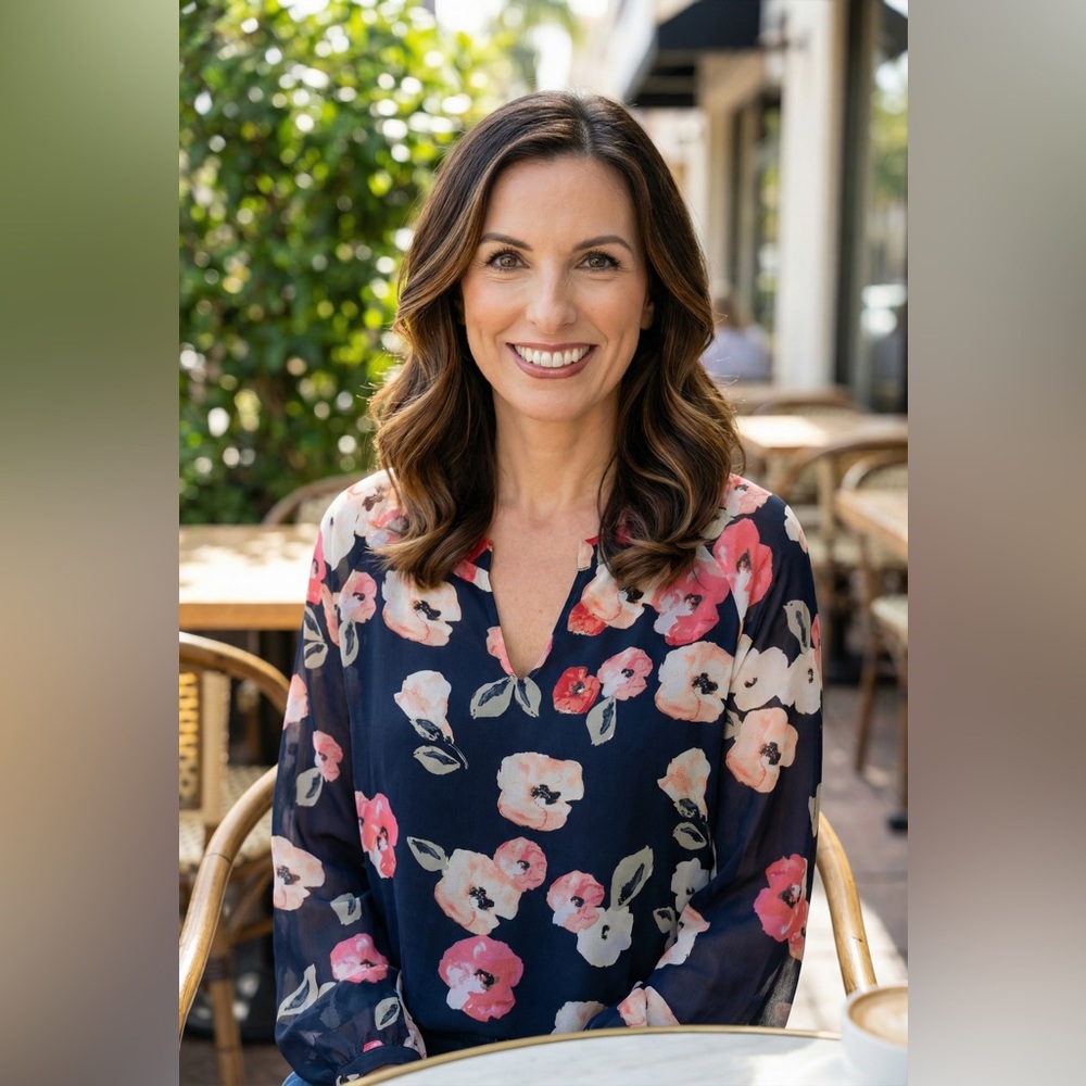 CAbi Navy Floral Blouse with Pink Accents